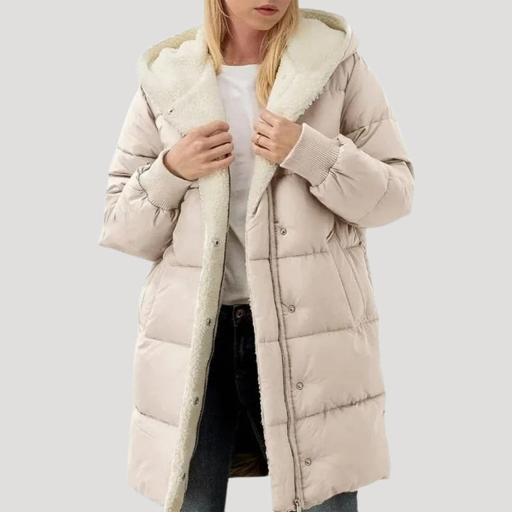 Drune | Damen langer Puffermantel – mit Kunstfell gefütterte Winterjacke