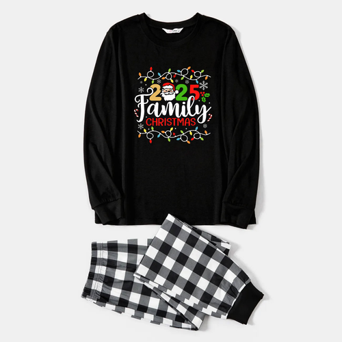 Drune | Schwarz-weißes Karierter Weihnachtspyjama-Set mit Weihnachtslichtern und 