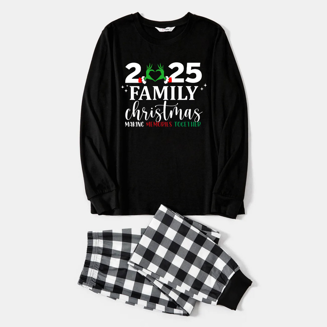 Drune | "2025 Familie Weihnachten" Ausgefallenes Herz Buchstaben Druck Schwarzes Langarmshirt mit Schwarz-Weißen Karopants Familien-Matching Pyjamas