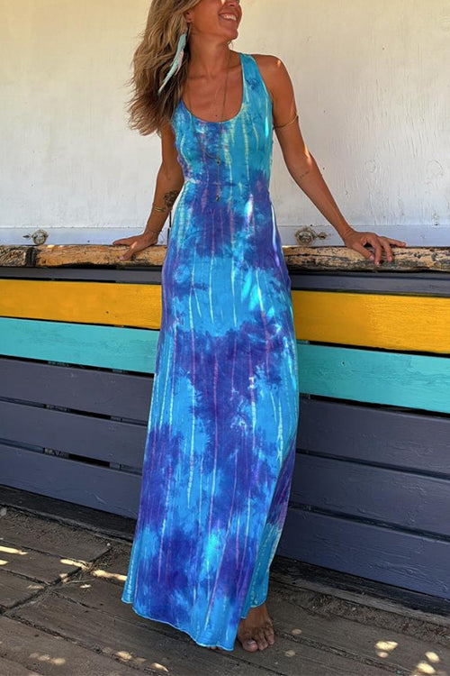 Drune | Scoop Neck Rückenfreies Criss Cross Tie Dye Maxikleid