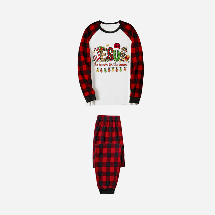 Drune | Jesus der Grund für die Saison Familie Weihnachts-Pyjama-Set - Weißes Oberteil mit roten karierten Ärmeln und Hose
