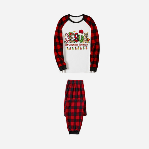 Drune | Jesus der Grund für die Saison Familie Weihnachts-Pyjama-Set - Weißes Oberteil mit roten karierten Ärmeln und Hose