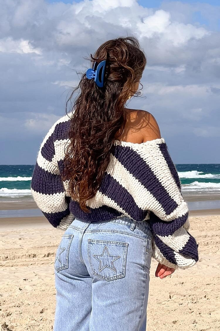 Drune | Cozy off-the-shoulder striped knit sweater for autumn layers