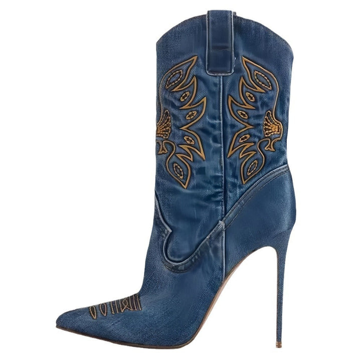 Drune | Damenmode Western Denim Stil High Heels Stiefel