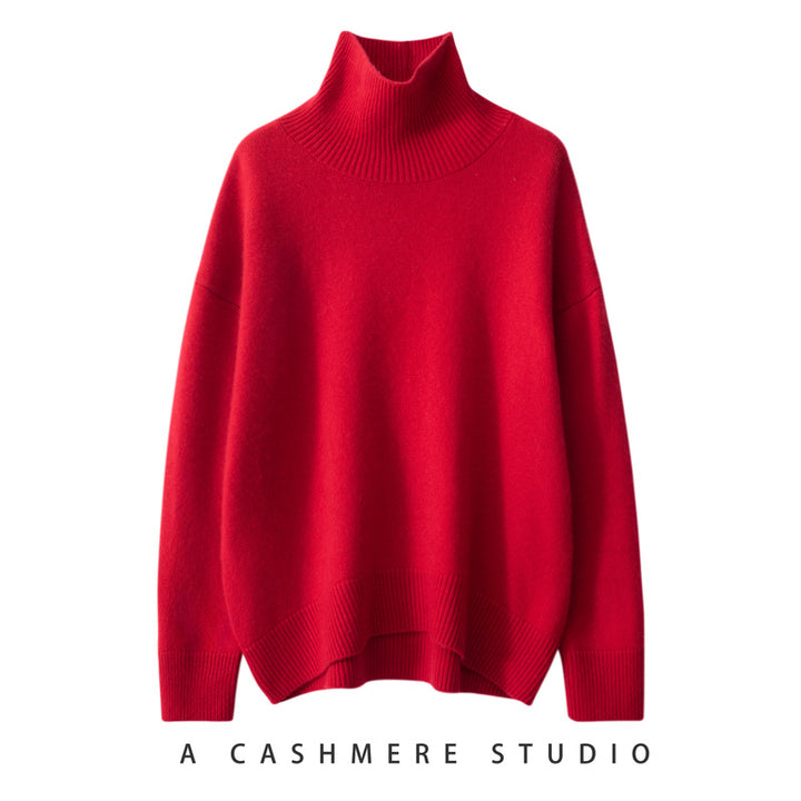 Damen-Kaschmirpullover, hoher Kragen, lockere Passform