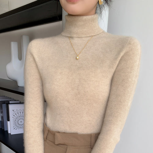Damen-Rollkragenpullover aus reiner Wolle, nahtlos
