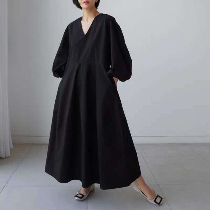 Damen Maxikleid mit V-Ausschnitt, Ballonärmeln und taillierter Teilungsnaht Drune