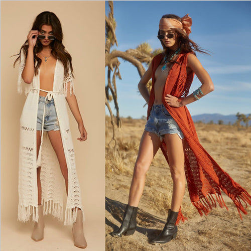 Damen Häkel-Strandkimono mit fransigen Details und Bindegürtel Drune