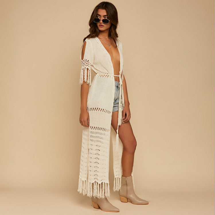 Damen Häkel-Strandkimono mit fransigen Details und Bindegürtel Drune