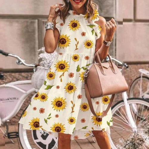 Damen Kleid mit Blumendruck und Rüschen Drune