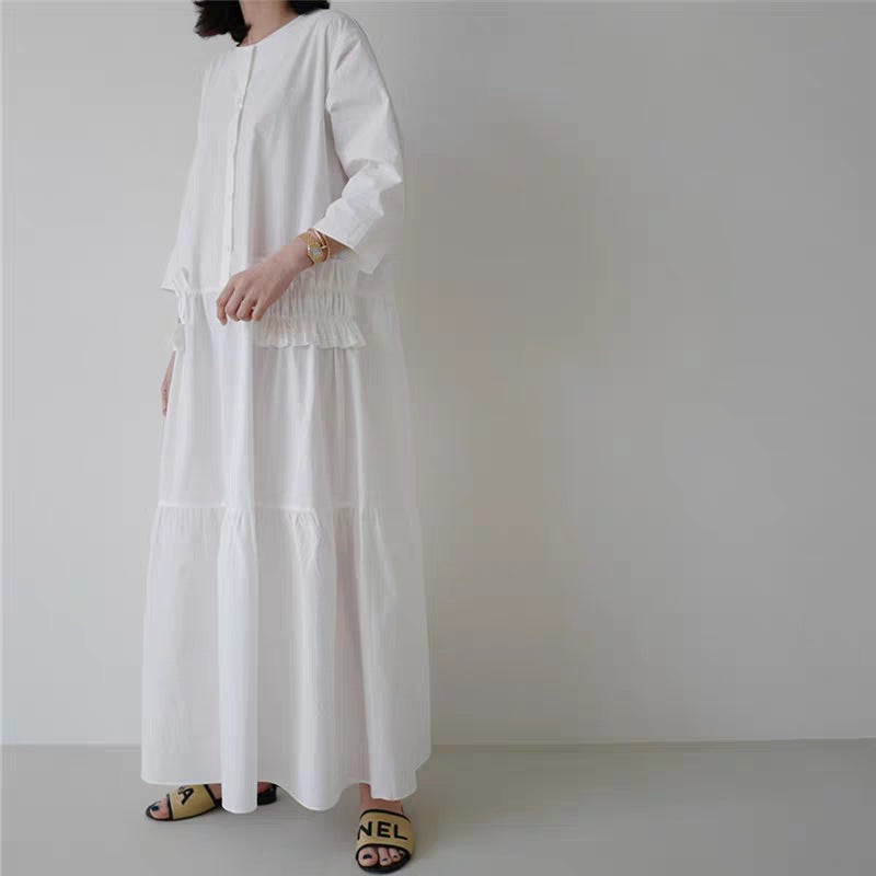 Damen Maxikleid im Stufenlook mit Volant-Taschen und dreiviertelärmeln Drune