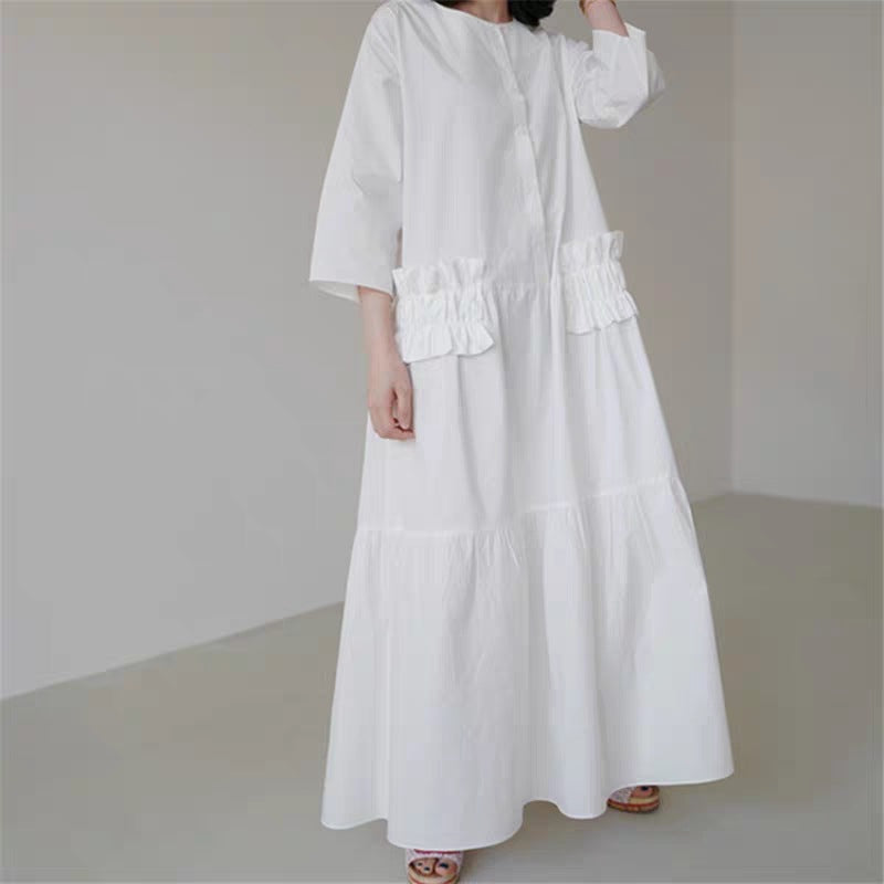 Damen Maxikleid im Stufenlook mit Volant-Taschen und dreiviertelärmeln Drune