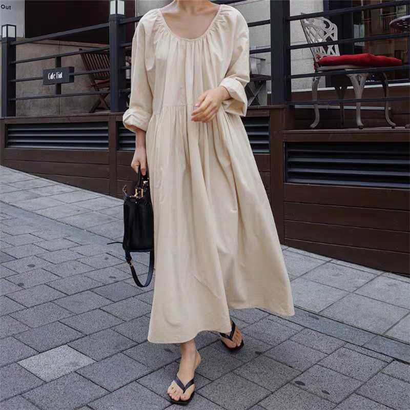 Damen Langes Baumwoll-Maxikleid mit gerafftem Halsausschnitt, Empire-Naht und Halbarm Drune