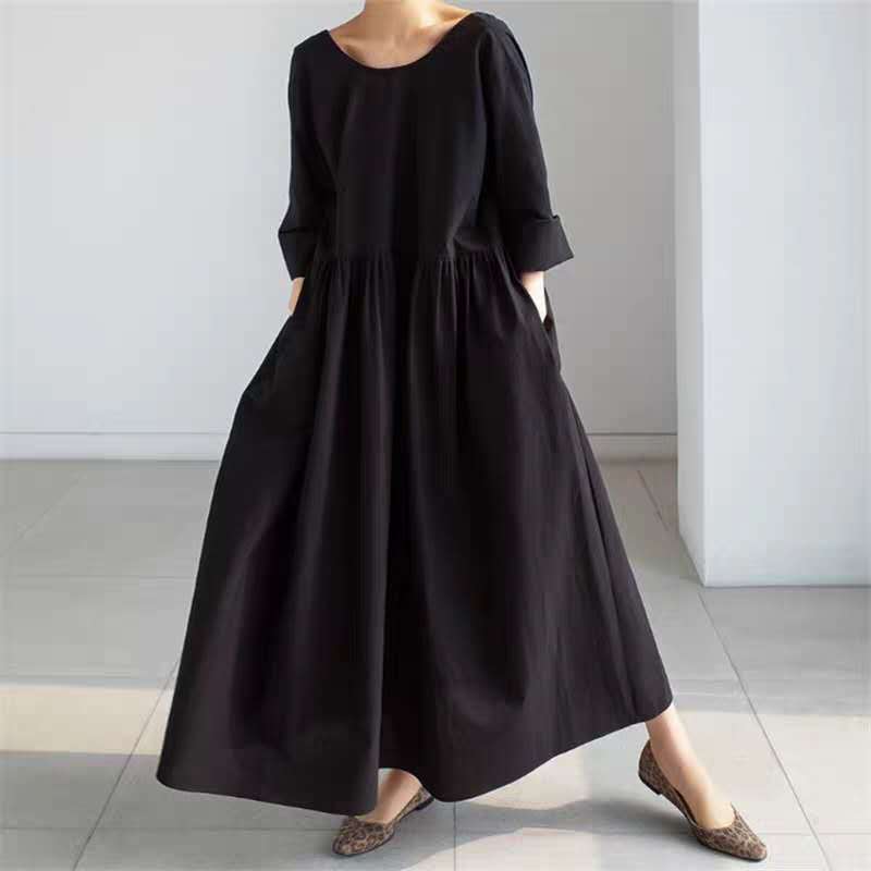 Damen Langes Baumwoll-Maxikleid mit gerafftem Halsausschnitt, Empire-Naht und Halbarm Drune
