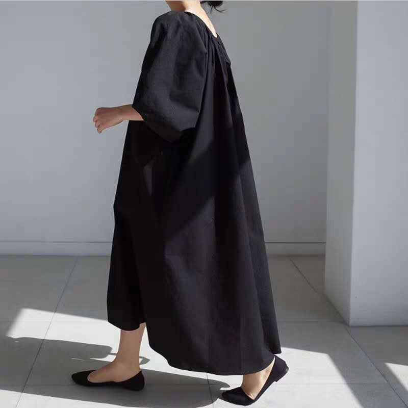 Damen Lockeres Smock-Maxikleid mit gerafftem Rundhalsausschnitt, Ballonärmeln und Eingrifftaschen Drune