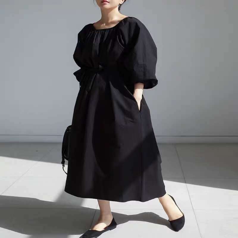 Damen Lockeres Smock-Maxikleid mit gerafftem Rundhalsausschnitt, Ballonärmeln und Eingrifftaschen Drune