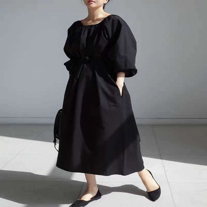 Damen Lockeres Smock-Maxikleid mit gerafftem Rundhalsausschnitt, Ballonärmeln und Eingrifftaschen Drune