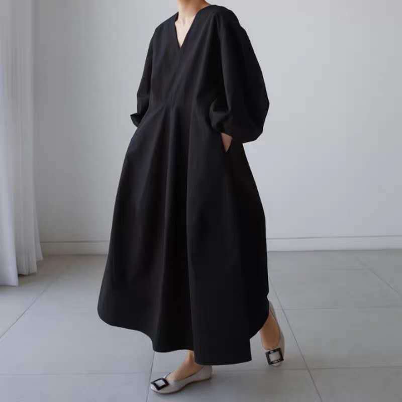 Damen Maxikleid mit V-Ausschnitt, Ballonärmeln und taillierter Teilungsnaht Drune