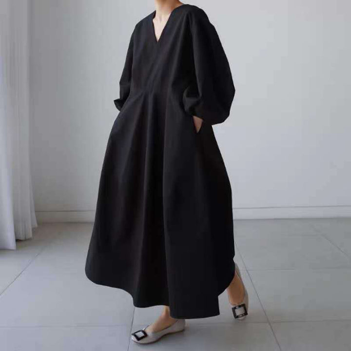 Damen Maxikleid mit V-Ausschnitt, Ballonärmeln und taillierter Teilungsnaht Drune