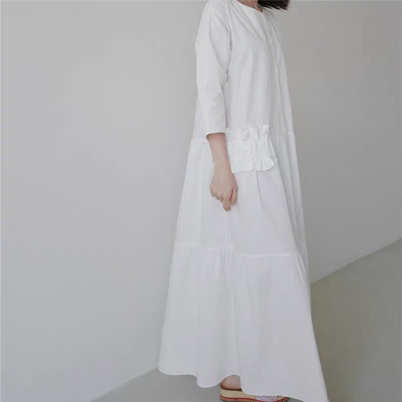 Damen Maxikleid im Stufenlook mit Volant-Taschen und dreiviertelärmeln Drune