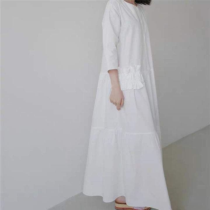 Damen Maxikleid im Stufenlook mit Volant-Taschen und dreiviertelärmeln Drune