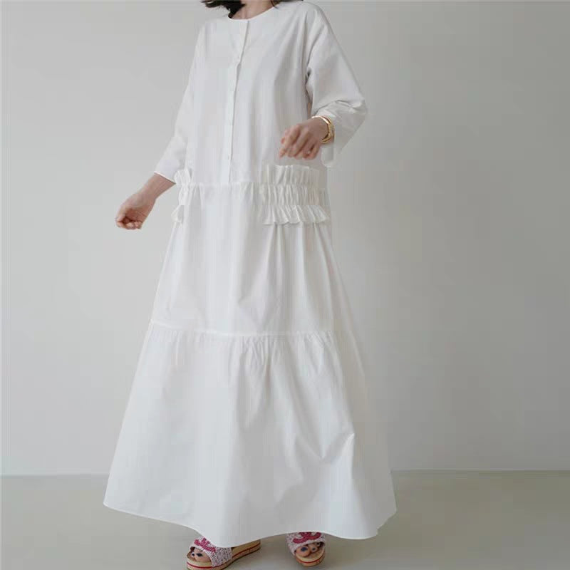Damen Maxikleid im Stufenlook mit Volant-Taschen und dreiviertelärmeln Drune