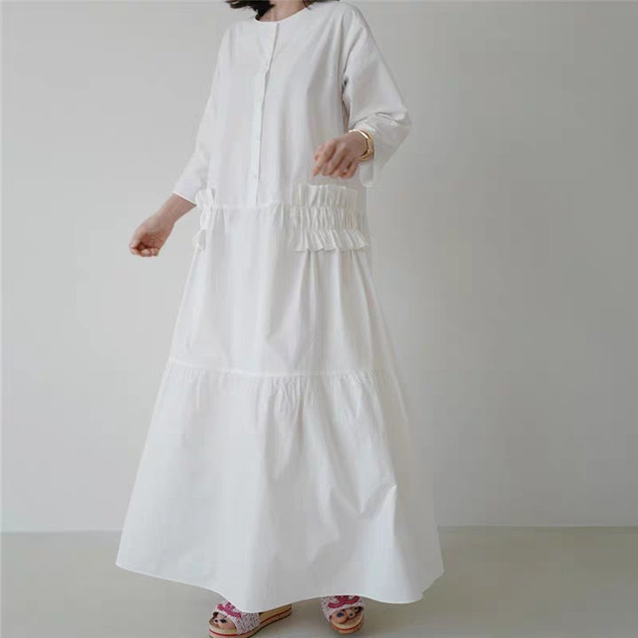 Damen Maxikleid im Stufenlook mit Volant-Taschen und dreiviertelärmeln Drune