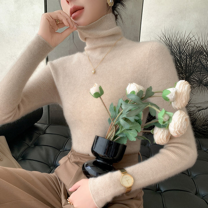 Damen-Rollkragenpullover aus reiner Wolle, nahtlos