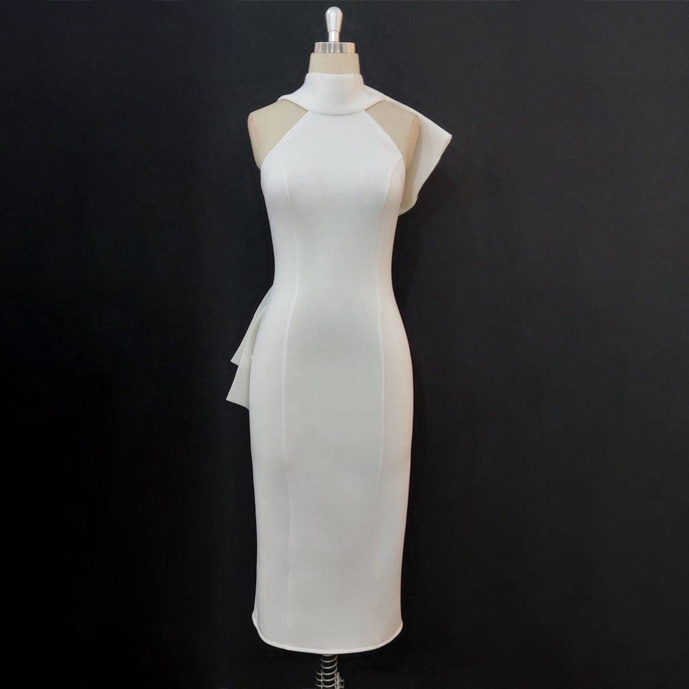 Damen Elegantes Midi-Kleid mit asymmetrischem Halsausschnitt und innovativem Rüschendetail Drune