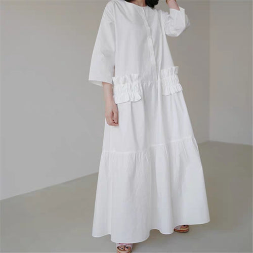 Damen Maxikleid im Stufenlook mit Volant-Taschen und dreiviertelärmeln Drune