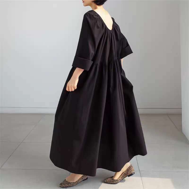 Damen Langes Baumwoll-Maxikleid mit gerafftem Halsausschnitt, Empire-Naht und Halbarm Drune