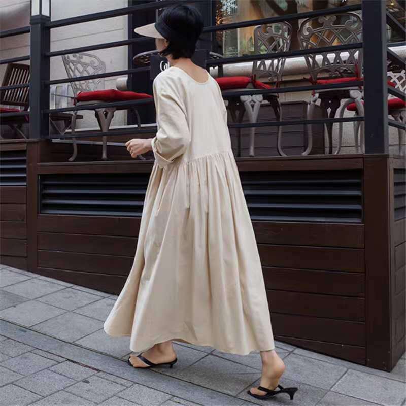 Damen Langes Baumwoll-Maxikleid mit gerafftem Halsausschnitt, Empire-Naht und Halbarm Drune