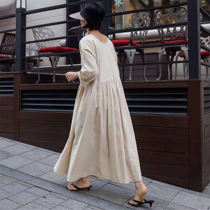 Damen Langes Baumwoll-Maxikleid mit gerafftem Halsausschnitt, Empire-Naht und Halbarm Drune
