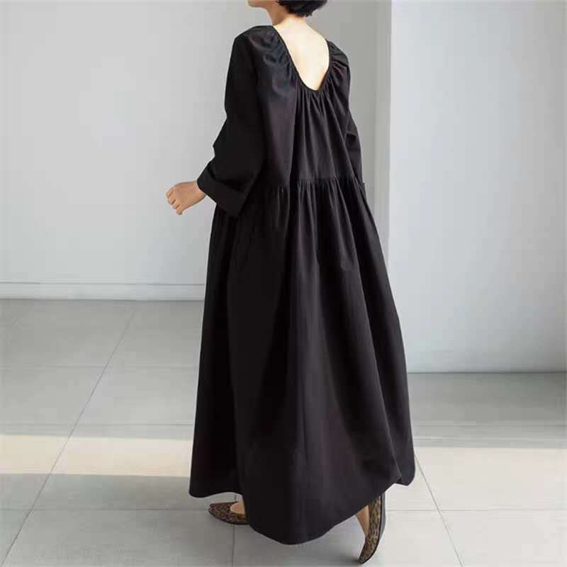 Damen Langes Baumwoll-Maxikleid mit gerafftem Halsausschnitt, Empire-Naht und Halbarm Drune