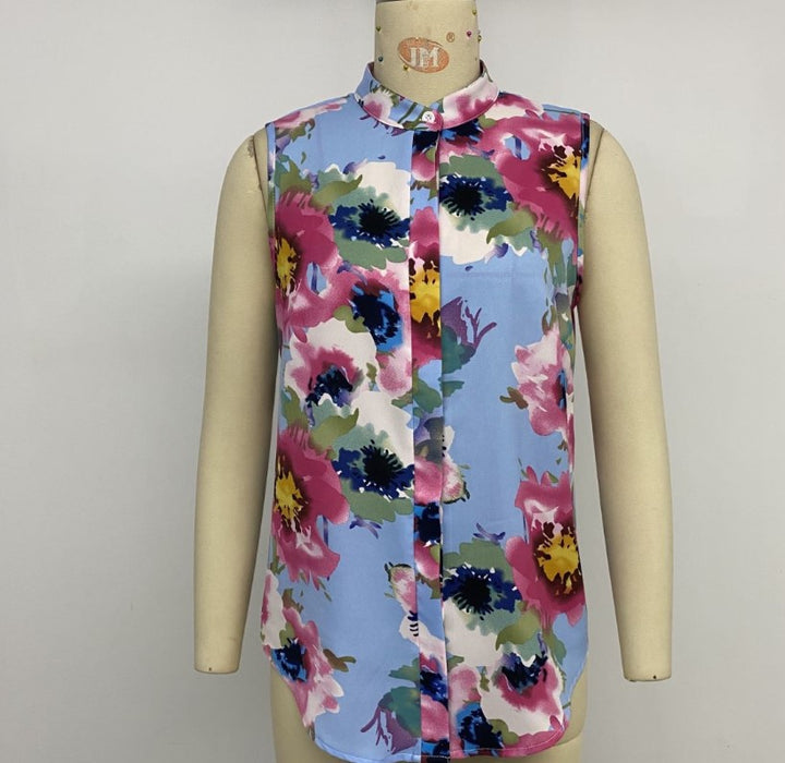 Damen ärmellose Bluse mit floralem Design und strukturierter Knopfleiste Drune