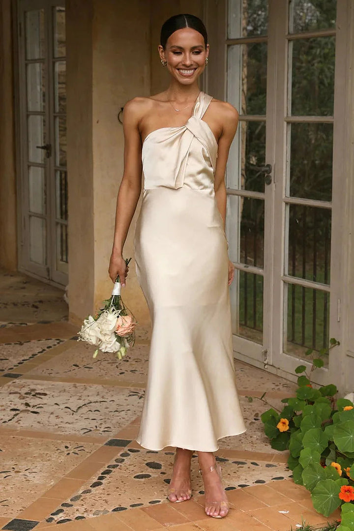 Drune | Ein Schulter Rückenfreies Satin Brautjungfer Hochzeit Party Bodycon Fishtail Maxi Kleid