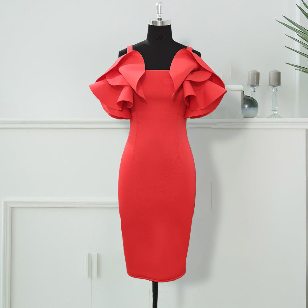Damen figurbetontes Kleid mit voluminösen Rüschenärmeln Drune