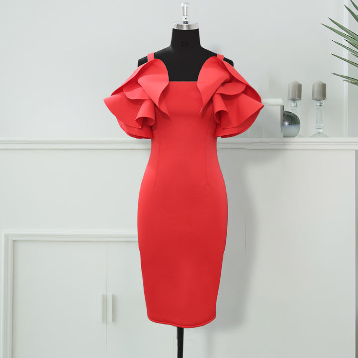Damen figurbetontes Kleid mit voluminösen Rüschenärmeln Drune