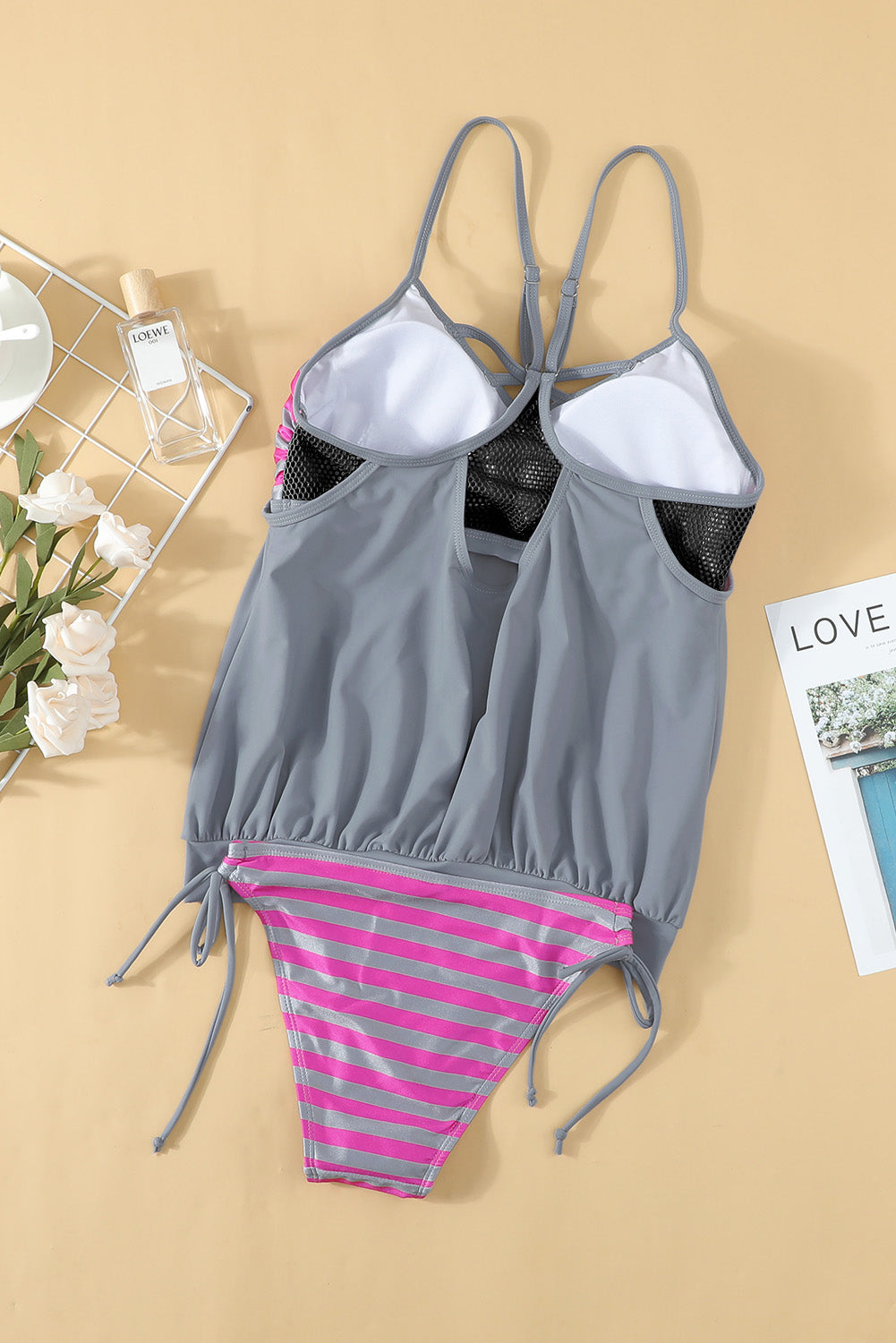 Drune | Kreuzschraffiertes Spaghetti-Trägertop Tankini Set