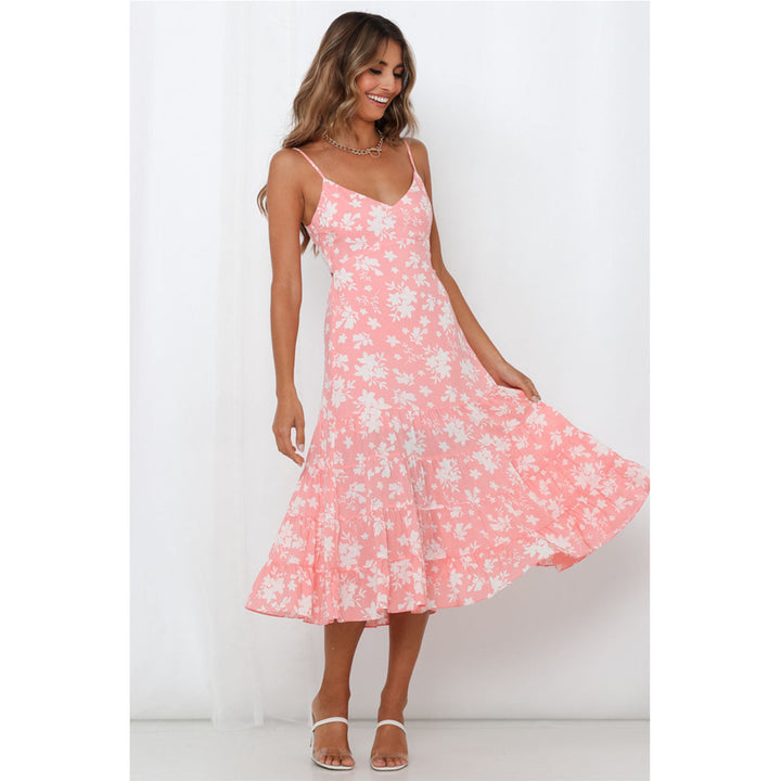 Damen Midi-Kleid mit floralen Rüschen und schwingendem Rock Drune