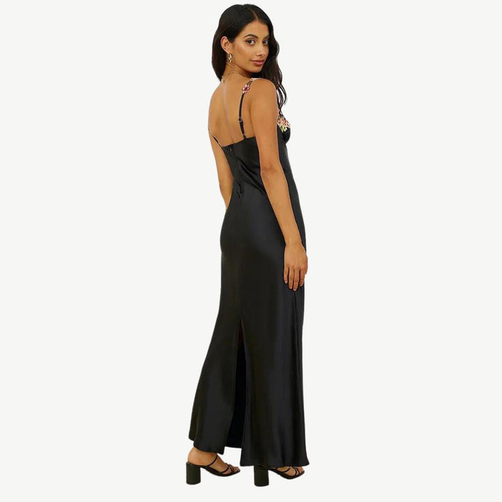 Drune | Blume Bootsausschnitt Hoher Schlitz Satin Schlank Garten Party Slip Maxikleider