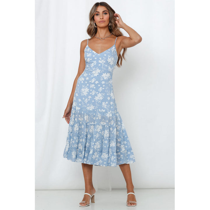 Damen Midi-Kleid mit floralen Rüschen und schwingendem Rock Drune