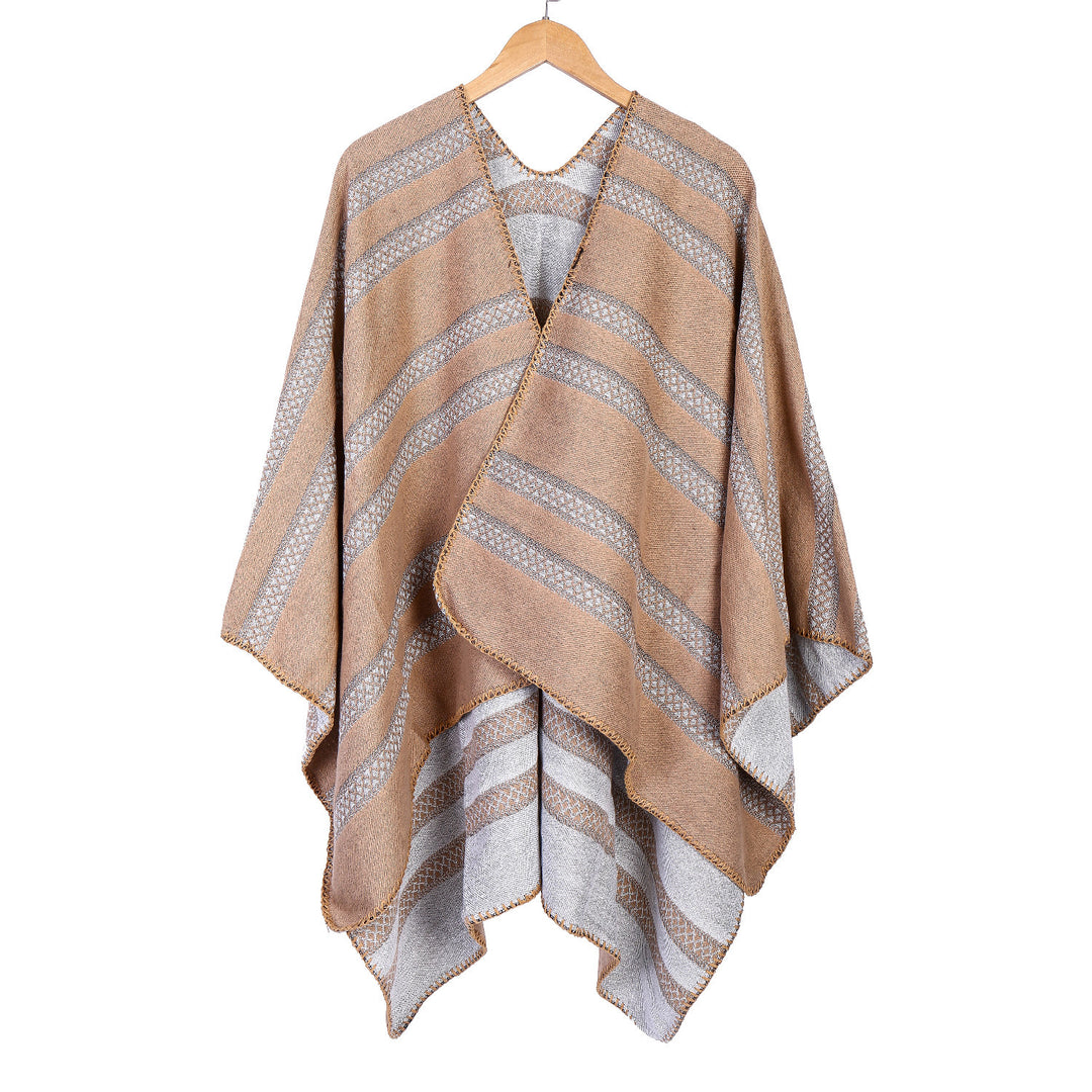 Damen Oversize-Ruana mit grafischen Längs‑Jacquardstreifen und offenem Kimono‑Fall Drune