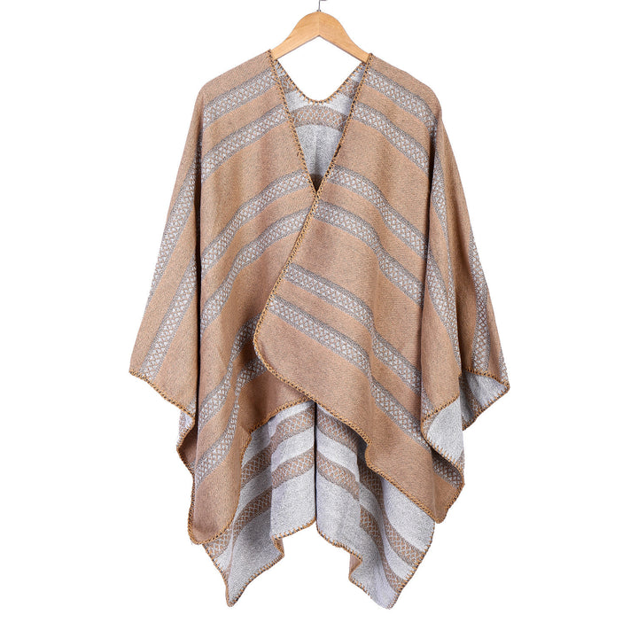 Damen Oversize-Ruana mit grafischen Längs‑Jacquardstreifen und offenem Kimono‑Fall Drune