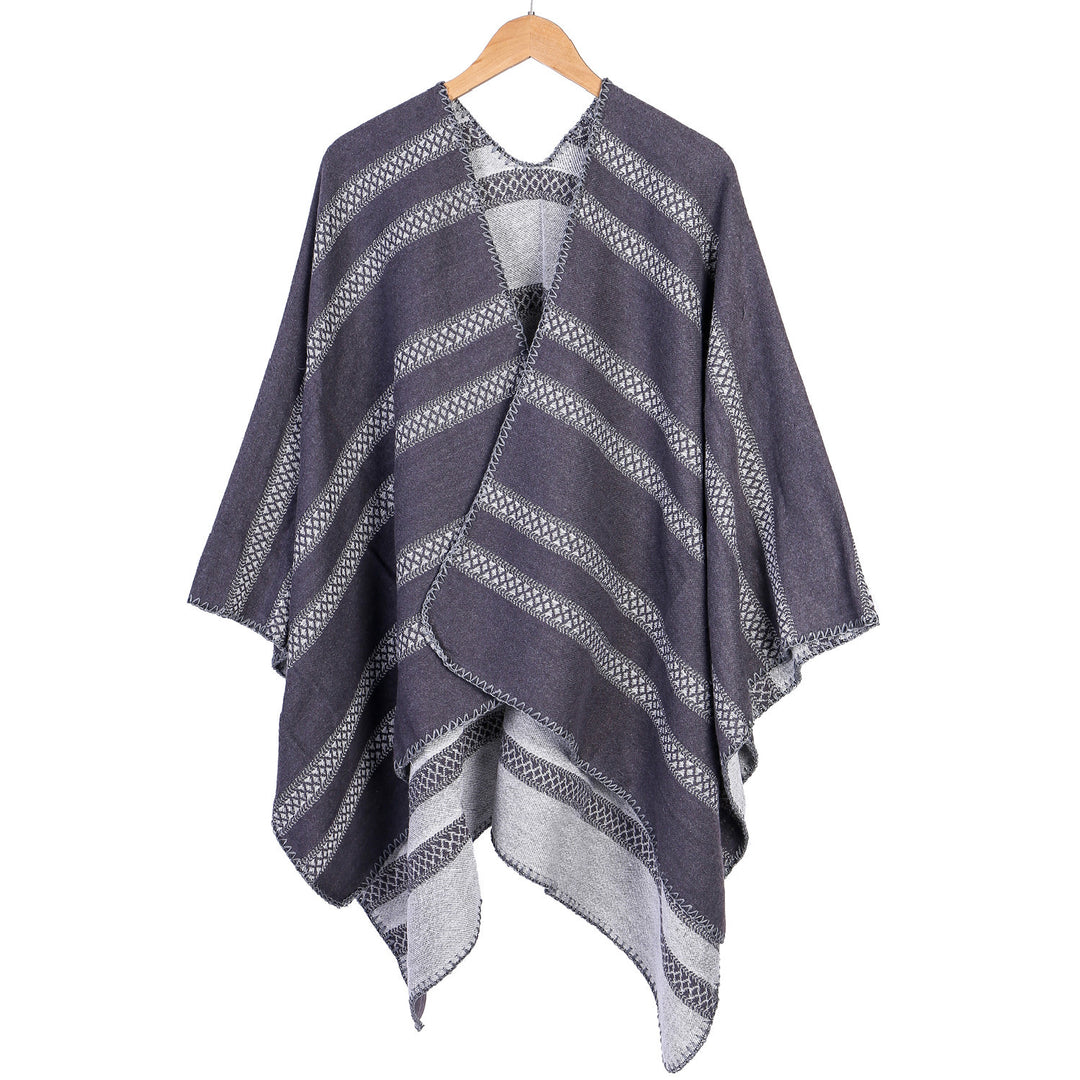 Damen Oversize-Ruana mit grafischen Längs‑Jacquardstreifen und offenem Kimono‑Fall Drune