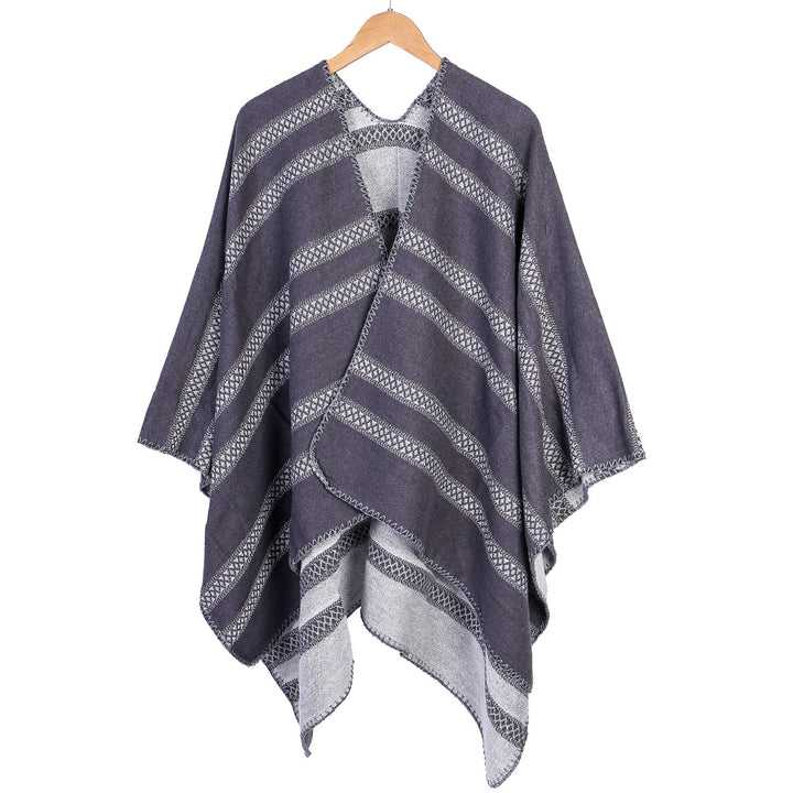 Damen Oversize-Ruana mit grafischen Längs‑Jacquardstreifen und offenem Kimono‑Fall Drune