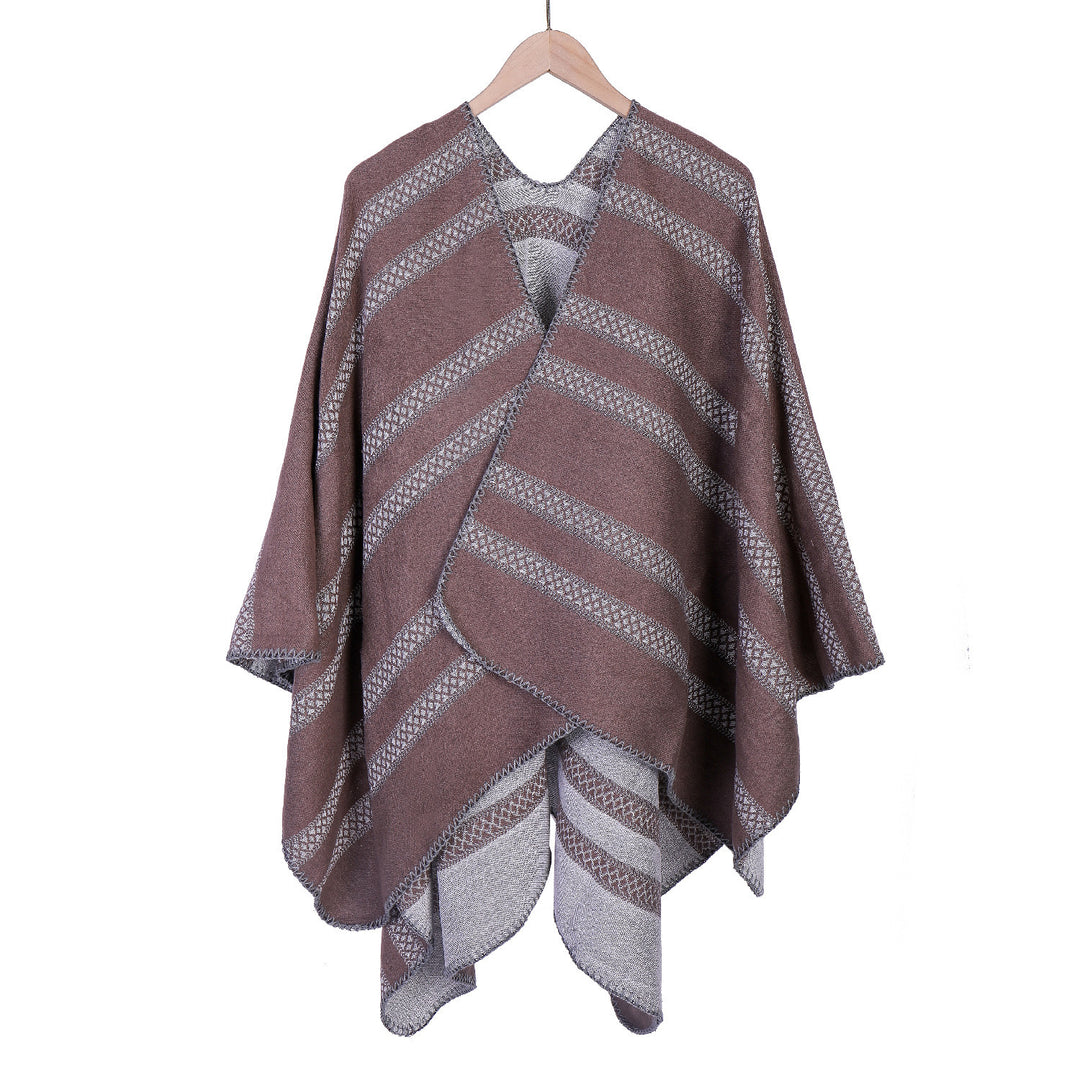 Damen Oversize-Ruana mit grafischen Längs‑Jacquardstreifen und offenem Kimono‑Fall Drune