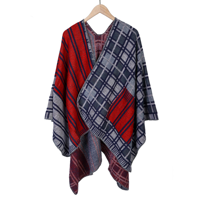 Damen Oversize-Ruana im Patch-Karo-Strick mit offenem Saum Drune