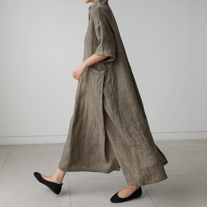 Damen Luftiges Maxikleid in Leinenoptik mit Seitentaschen Drune