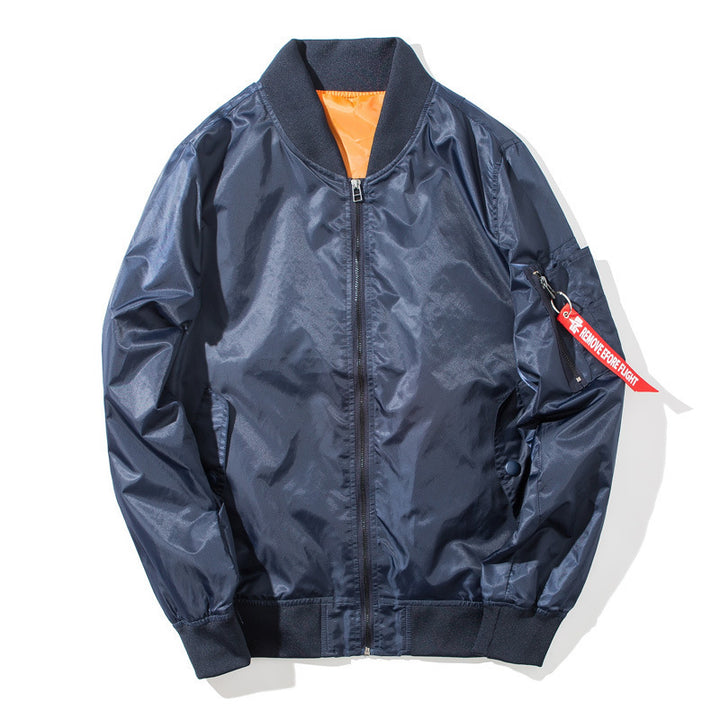 Herren Flieger-Bomberjacke mit kontrastierendem Innenfutter, Reißverschluss-Ärmeltasche & gerippten Bündchen Drune